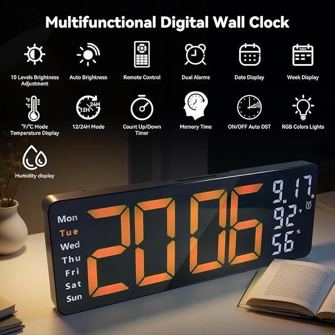 Digital Wall Clock Large Display, 17.3" Digital Clock with RGB Color Remote Control, Auto-Dimming Big Wall Clock with Night Light,Auto DST,Date Week,Temp for Home Decoration, for Elderly (Orange)