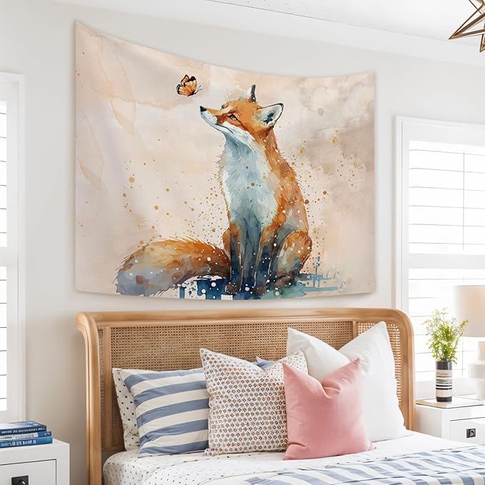 STHTTSW Fox Cute Tapestry, Fox Gifts，Watercolor Fox Tapestries Wall Blanket for Women Girls Fox Lovers, Aesthetic Preppy Animal Wall Hanging Decor for Teen Girls Women Home Living Room Bedroom, 50x60 Inch