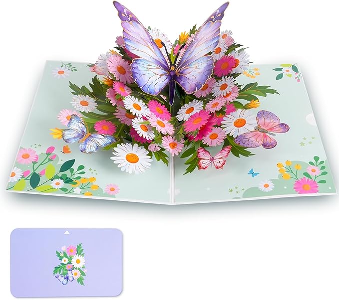 3D Bouquet Butterflys Pop Up Thank you Card, Teacher Appreciation Card, Handmade Flowers Box Greeting Cards with Note and Envelope for New Year Anniversary Valentines