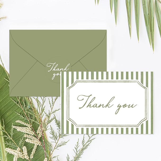 Whaline 24Pcs Sage Green Thank You Cards Blank Note Cards with Envelopes Stickers Minimalist Green Stripe Greeting Card for Wedding Birthday Baby Shower, 4 x 6 Inch