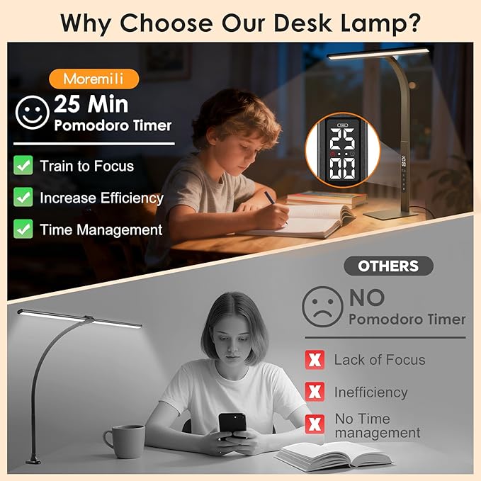 LED Desk Lamp for Office Home: Desk Light with Base 25 Min Pomodoro Timer, Clock LCD Display - 5 Color Stepless Dimming Adjustable Flexible Gooseneck, Lighting Table Lamp for Reading Study Drafting