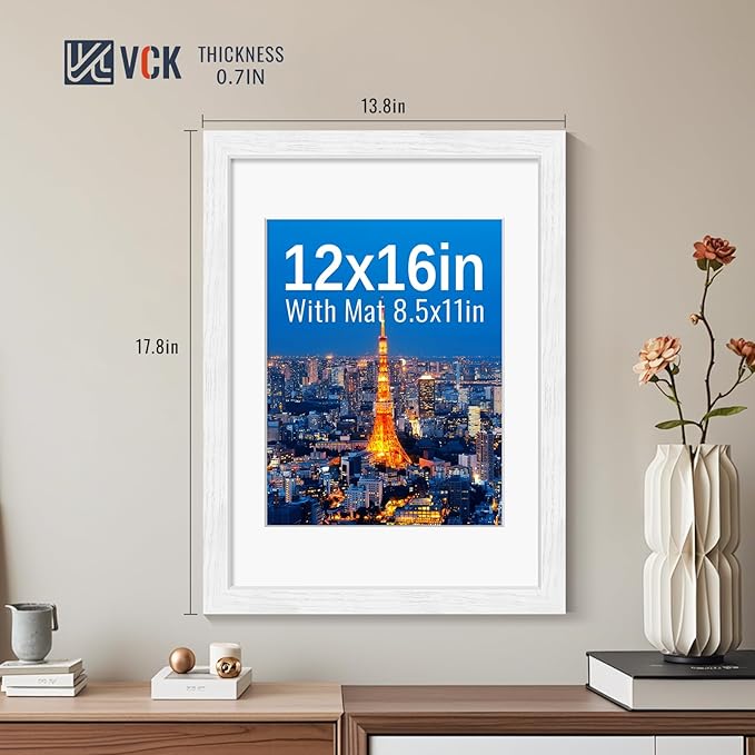 VCK 12x16 Picture Frames White Set of 5, Wide Border Wood, Tempered Glass, Display 8.5x11 Photo with Mat or 12 x 16 without, for Home, Office, Gallery, Woodgrain Series, Wall Hanging