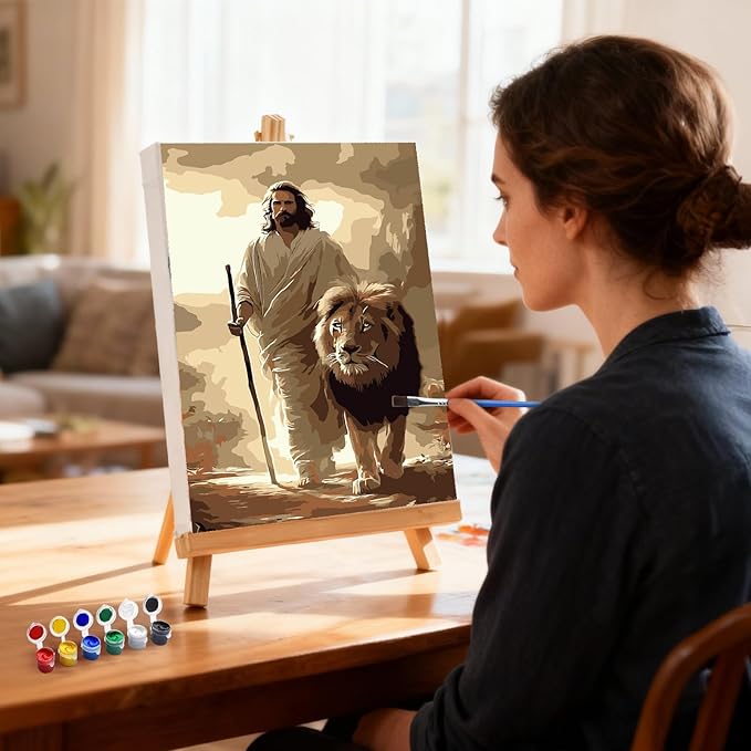 MXJSUA Jesus Framed Paint by Numbers for Adults Beginners, Easy Adults' Paint-by-Number Kits on Canvas with Easel, Lion Acrylic Number Painting Crafts Kits Gifts for Home Decor, 8x12inch