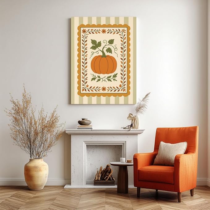 Pumpkin Harvest Wall Art – Vintage Fall Botanical Canvas Print – Autumn Farmhouse Decor with Green Stripes – Thanksgiving Pumpkin Illustration Poster 12x16inch-Unframed