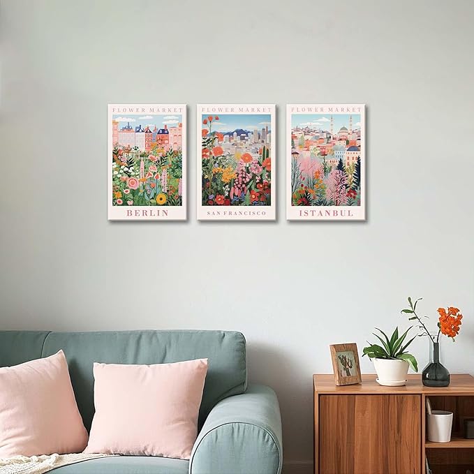 XLARTMY Flower Market Wall Art Prints Canvas Orange and Pink Floral Paintings Colorful Botanical Travel Flower Posters for Home Decor Pictures Set of 3 for Living Room Bedroom 16x24in Unframed