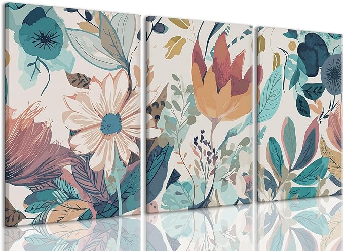 TUEASKY 3 Piece Botanical Canvas Wall Art Neutral Floral Wall Art Modern Minimalist Flower Decor Wildflower Prints for Living Room Bedroom Office 16x24in Framed
