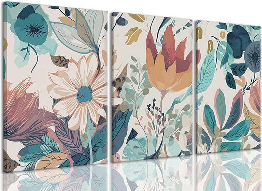 TUEASKY 3 Piece Botanical Canvas Wall Art Neutral Floral Wall Art Modern Minimalist Flower Decor Wildflower Prints for Living Room Bedroom Office 16x24in Framed