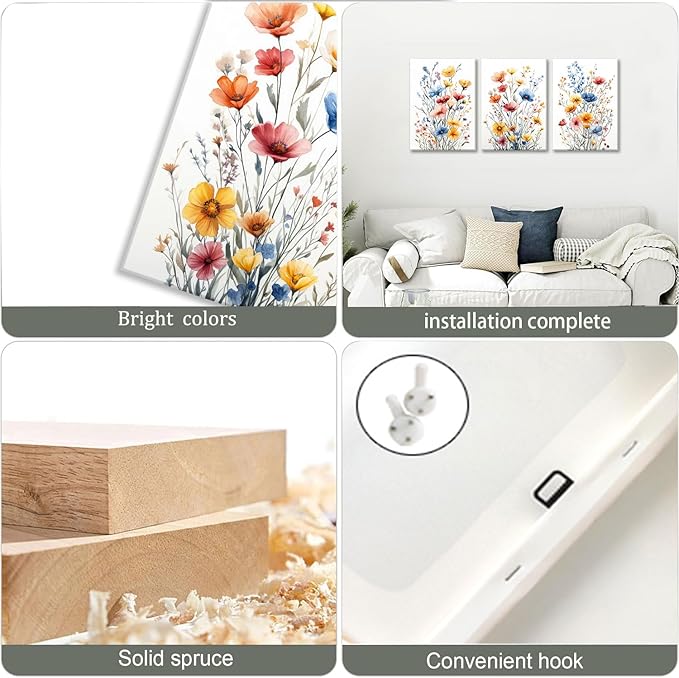 okudolit Colorful Wildflower Framed Canvas Wall Art Set Of 3 Flowers Pictures Prints Flowers Printing Floral Watercolors Flower wall Decor Living Room Bedroom Dinning Room Farmhouse Office-16 x24in