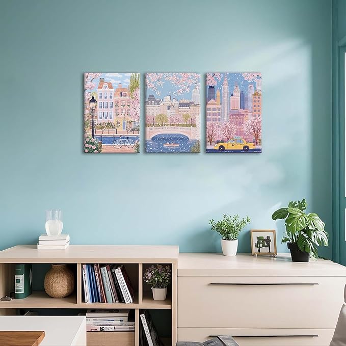 XLARTMY Watercolor City Landscape Travel Wall Art Canvas Framed Pink Cherry Flower Poster Girly Prints Painting Pictures Set of 3 for Bedroom Living Room Office 16x24in