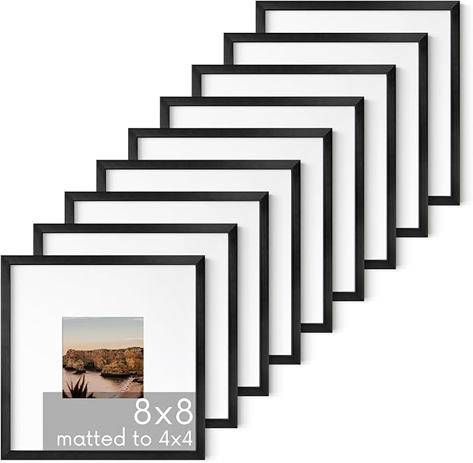 HAUS AND HUES 8x8 Black Metal Picture Frames Matted to 4x4 - Features Premium Aluminum & Hanging Hardware, Shatterproof Plexiglass - Ideal for Home, Room, Office (8x8 in, Black, Set of 9)