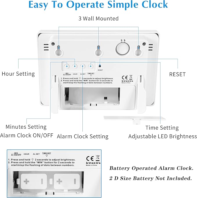 KWANWA Small Wall Clock, Digital Alarm Clock, 8" Extra Large Display, 3" LED Digit Contantly Light Up, Battery Operated, Adjustable Brightness, Clock for Bedroom, Wall-Mounted/Table-top