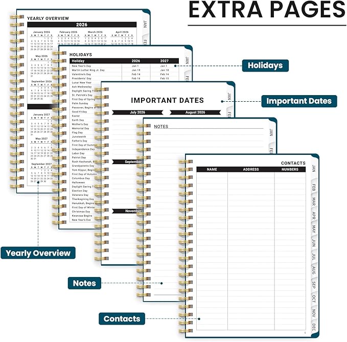 2026 Planner, Weekly and Monthly Calendar Planner for Women, Jan 2026 - Dec 2026, Hardcover Planning Agenda book with Tabs, Spiral Bound, Inner Pocket, Perfect for School Office Supplies, 6.3" x 8.5" - Pine Emerald