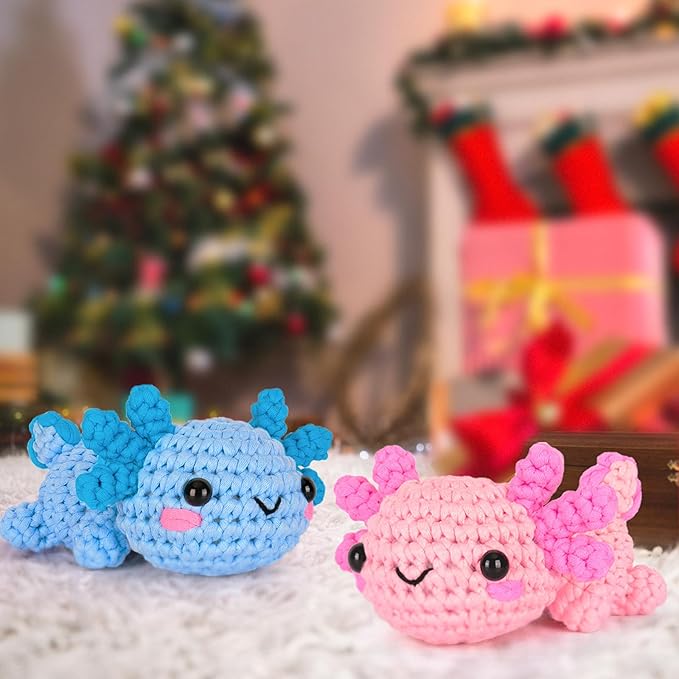 Crochetta Crochet Kit for Beginners, Crochet Starter Kit w Step-by-Step Video Tutorials, Easy Beginner Crochet Kit for Adults, Women & Men, Handmade DIY Gift Complete Kit Included (Axolotl 2Pack)