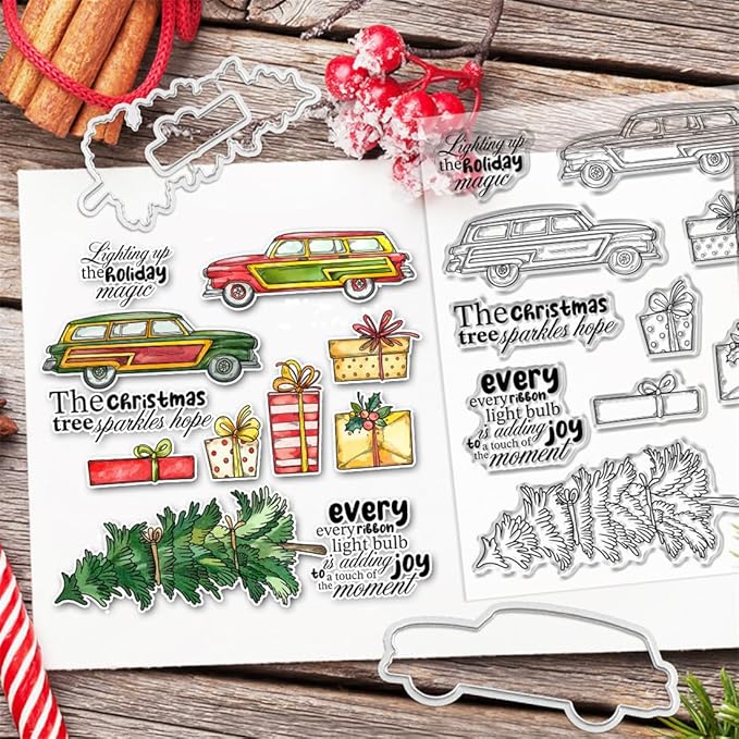 Car Christmas Tree Box Stamps and Cutting Dies for Card Making DIY Transparent Silicone Clear Stamp and Metal Die Cuts Sets for Scrapbooking Paper Greeting Cards Decor Seals Craft Supplies