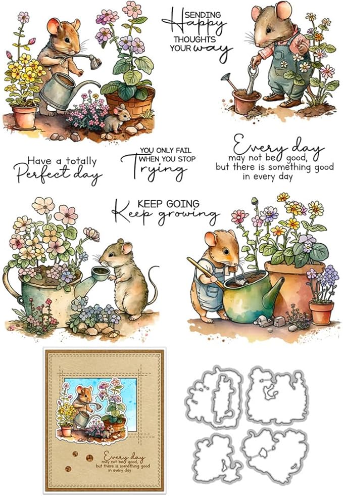 Flower Mouse Animal Stamps and Cutting Dies for Card Making DIY Transparent Silicone Clear Stamp and Metal Die Cuts Sets for Scrapbooking Paper Greeting Cards Decor Seals Craft Supplies