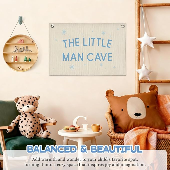Little Man Cave Boys Room Decor Wall Art,Blue Nursery Wall Decor Hanging Banner Print for Kids Boys Toddler Nursery Room Bedroom Playroom, 30x20 Inch