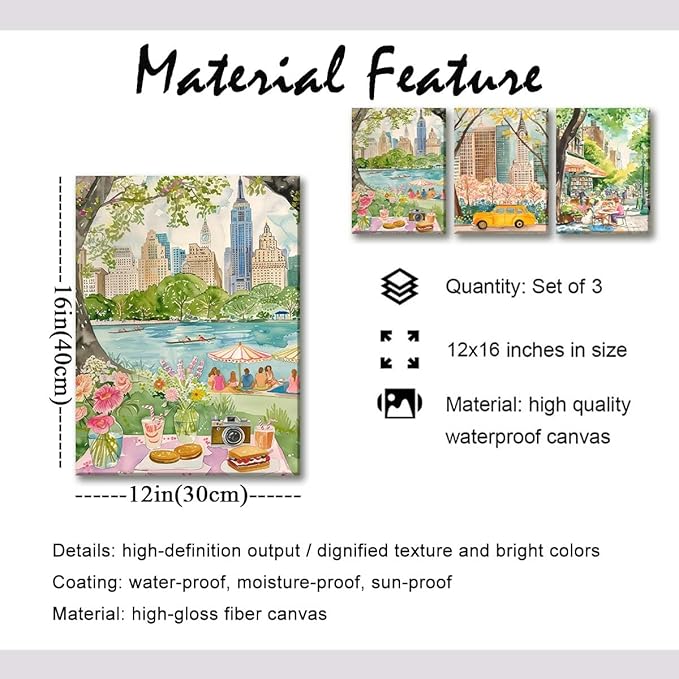 XLARTMY New York City Poster Travel Wall Art Canvas Framed Watercolor NYC Central Park Landmarks Artwork Decor Painting Prints Pictures Set of 3 for Bedroom Living Room Bathroom Office 12x16in