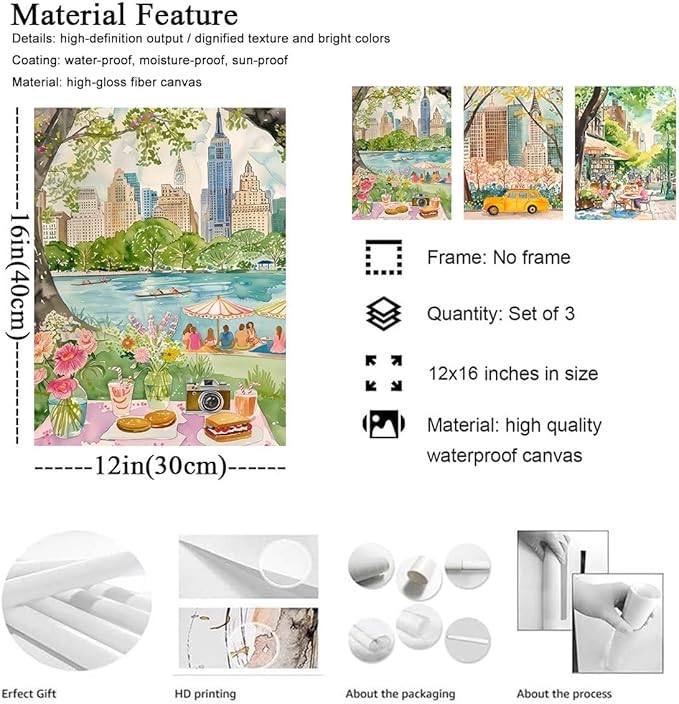 XLARTMY New York City Poster Travel Wall Art Canvas Framed Watercolor NYC Central Park Landmarks Artwork Decor Painting Prints Pictures Set of 3 for Bedroom Living Room Office 12x16in Unframed