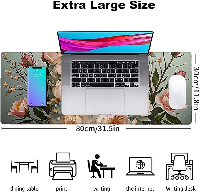 Floral Pug Gaming Mouse Pad, Office Desk Mat, Anti-Slip Rubber Base Cool Aesthetic Mouse Pads for Computer Laptop Keyboard School Home Desktop Gamer Home Accessories Decor 31.5" x 11.8"