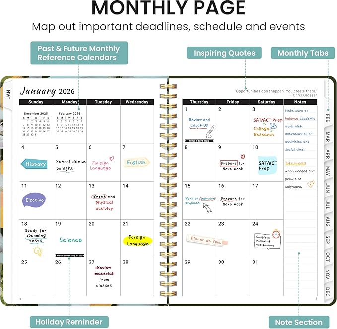 2026 Planner, Weekly and Monthly Calendar Planner for Women, Jan 2026 - Dec 2026, Hardcover Planning Agenda book with Tabs, Spiral Bound, Inner Pocket, Perfect for School Office Supplies, 6.3" x 8.5" - Soft Petals
