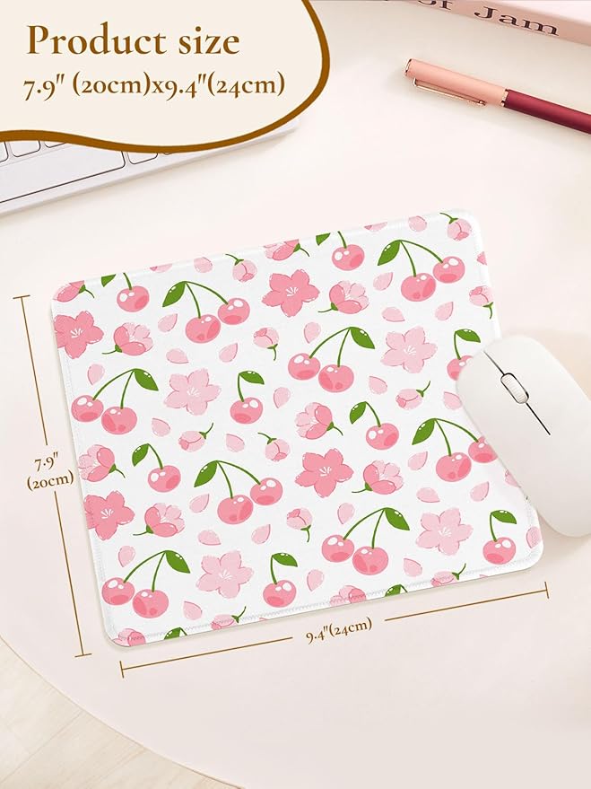 Cute Cherries Mouse Pad,Waterproof Aesthetics Flower Mouse Pads Design, Non-Slip Rubber Base Computer Simple Funny Mousepad,Small Mouse Mat Desk Accessories Office Supplies,Pink Cherry Floral