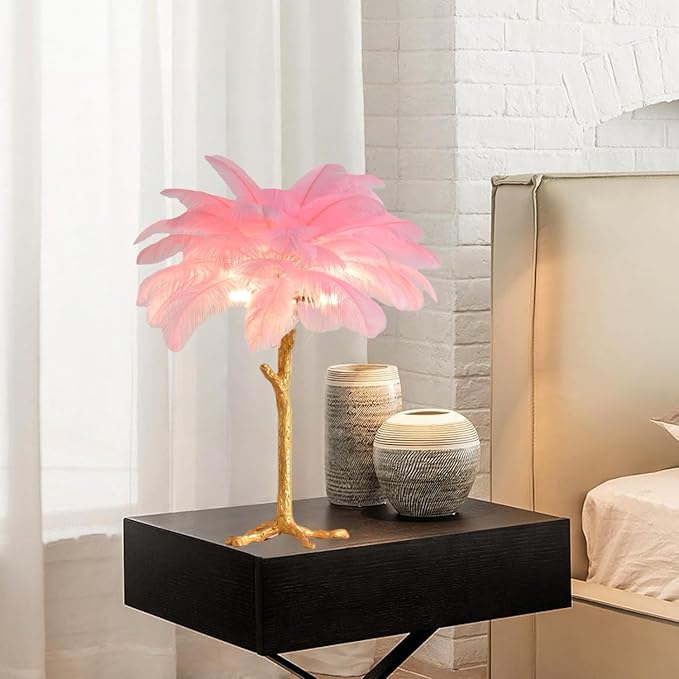 Pink Feather Lamp Romantic Ostrich Feather Bedside Lamp with Gold Resin Stand Coconut Fuzzy Table Lamp G4*3 Bulb Nordic Nightstand Light for Bedroom Living Room Entryway Christmas Gift