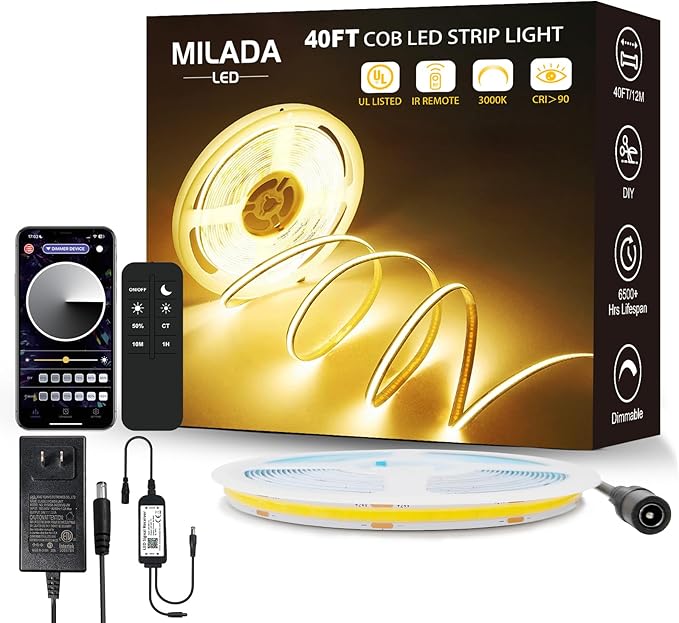 COB LED Strip Light 3000K 40FT/12M warm white led strip Dimmable High Lumen Strip with IR Remote 24V UL Certified Adapter Suitable Adhesive Indoor COB LED Strip for Bedroom Living Room, Shelf, Cabinet