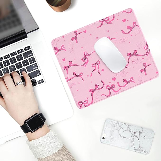 Seorsok Square Aesthetic Ribbon Bows&Shining Stars and Love Mouse Mat Premium Textured Mouse Pads for Office Laptop,Washable Square Mousepads with Extended Stitched Edges Non Slip Rubber Base,Pink