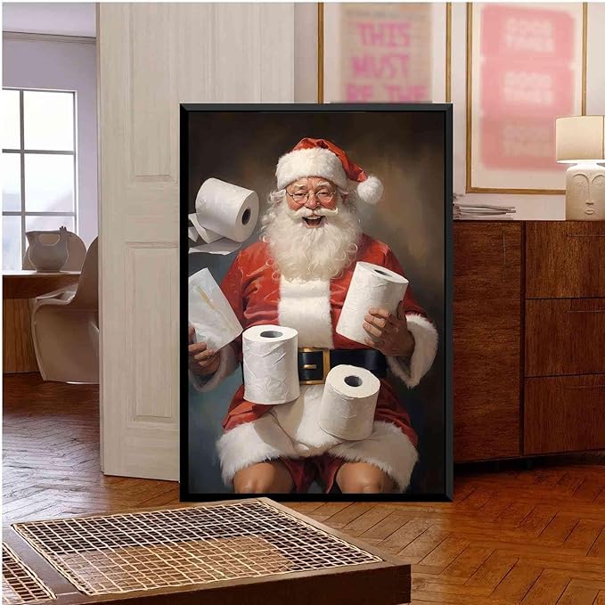 Framed Canvas Santa Bathroom Wall Art Toilet Humor Decor Vintage Christmas Holiday Wall Art Restroom Amusing Gift Santa Toilet Rolls Funny Poster 8x12in Metal blackFramed