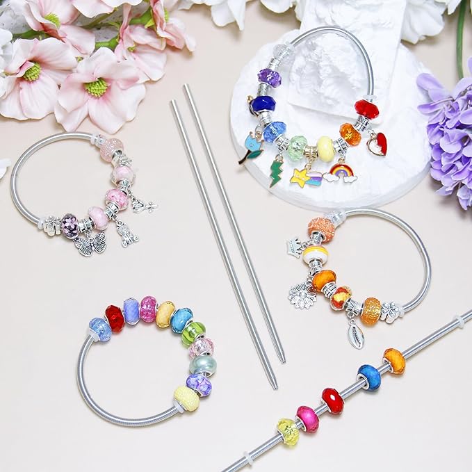 Exway 10 Pcs Expandable Charm Bangle Bracelets Sliver Charm Bracelets Adjustable Spring Bracelet Kit for Crafts DIY Women Jewelry Making