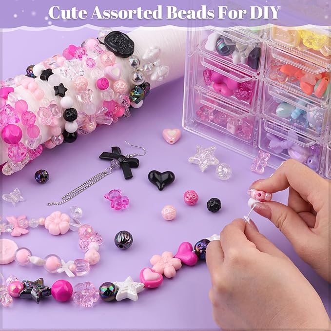 180-240PCS TINKRSTUFF Assorted Acrylic Beads 3 Mixed Series Cute Beads for Bracelet Making, Bow Aesthetic GummyBear Flower Butterfly Kawaii Charms for Jewelry Making DIY Necklace Keychain Phone Charm