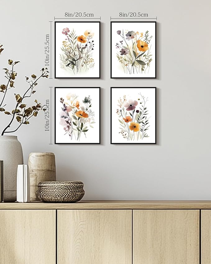 Drsoum Wildflower Bouquet Boho Framed Wall Art Wooded Minimalist Aesthetic Botanical Flower Prints Modern Plants Bathroom Kitchen Home Decor Ready to Hang 8x10inx4pcs (Black Framed)