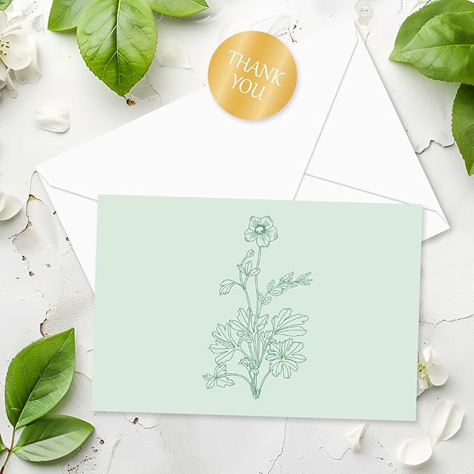 Whaline 40 Pack Green Floral Greeting Cards Gradient Color Botanical Thank You Card Flower Leaves Blank Note Cards with Envelopes Stickers for Wedding Birthday
