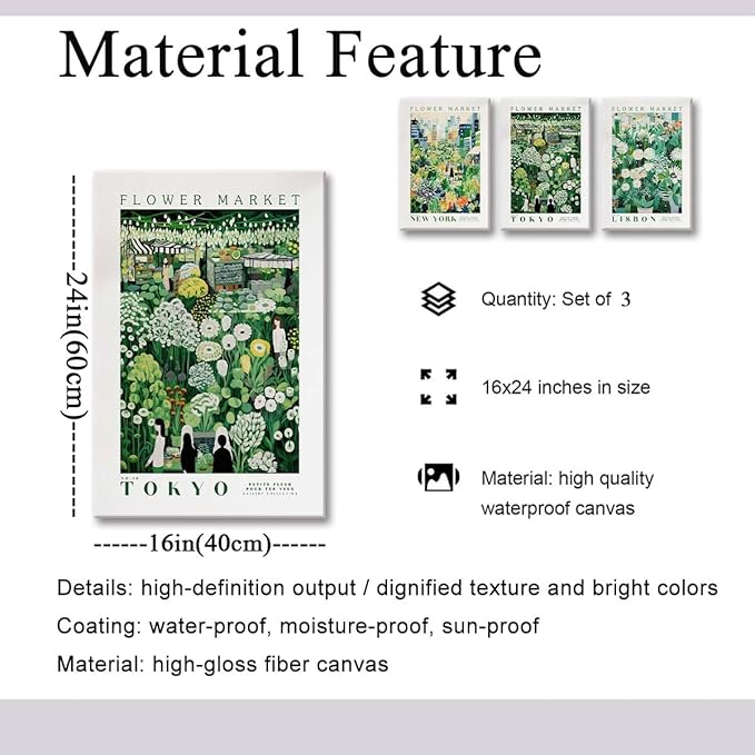 XLARTMY Flower Market Wall Art Prints Canvas Green Yellow White Floral Paintings Colorful Botanical Travel Flower Posters for Home Decor Pictures Set of 3 for Living Room Bedroom 16x24in