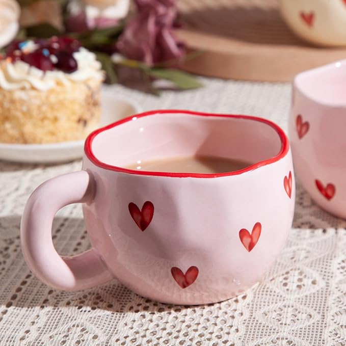 4pcs Cute Ceramic Coffee Mug, 9.4OZ Pink Yellow Porcelain Tea Mugs, Ceramic Hearts Cup Sets for Matcha, Dishwasher & Microwave Safe, Gift for women(Love)
