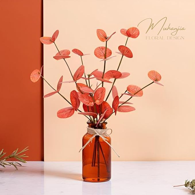 Muhanjia Artificial Eucalyptus Stems in Amber Glass Vase with Faux Water,3Pcs Fake Plant with Double-Sided Orange Leaves for Centerpiece (Double-Sided Orange Eucalyptus)