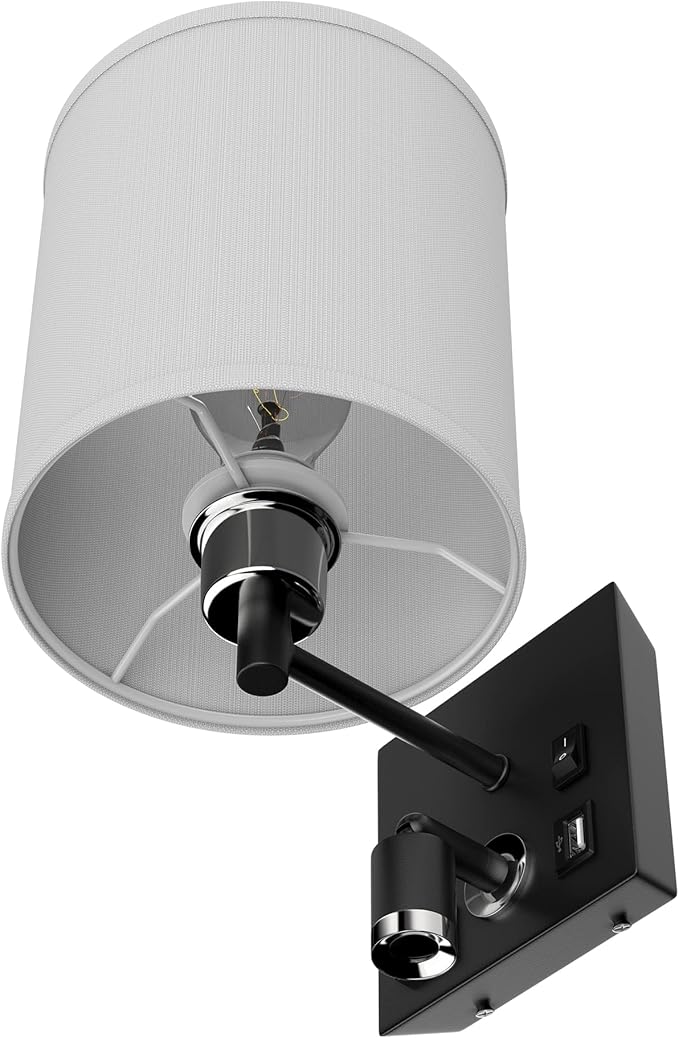 LEDMyplace 1-Light LED Wall Sconces, Indoor Sconce Light Fixture for Living Room with USB Ports and Outlet, E26 Base, Iron Body, White Fabric Shade, Brushed Nickel Finish, Wall Lighting for Hallway