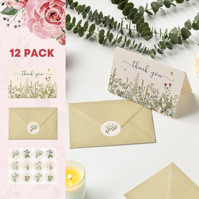 Artoid Mode 12 Pack Fall Wildflower Thank You Cards Floral Leaves Greeting Cards Gift With Envelope Sticker Blank Note Cards for Birthday Wedding Baby Shower Bridal Shower, 4 x 6 Inch