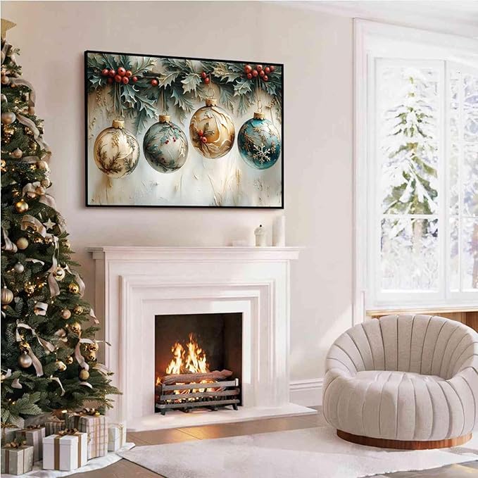 Christmas Ornament Balls Holiday Ball Decor Festive Print Vintage Christmas Canvas Wall Art Hanging Poster Vintage Holiday Print Indoor Decor for Home Offices Living Room Bedroom Framed Ready to Hang