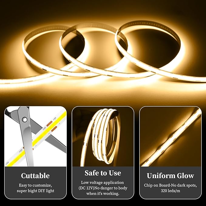 iNextStation 16.4FT 5M Warm White COB LED Strip Light, 3000K DC12V CRI 93+ Led Lights Strips, 1600LEDs Dimmable Strip Lights, Flexible LED Tape Lights for TV Backlight, Bedroom(with Plug)
