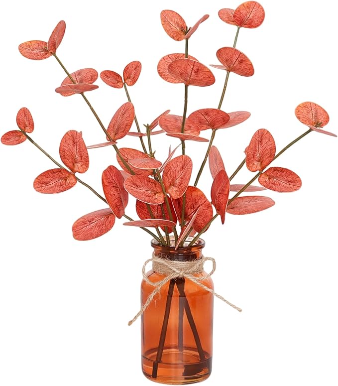 Muhanjia Artificial Eucalyptus Stems in Amber Glass Vase with Faux Water,3Pcs Fake Plant with Double-Sided Orange Leaves for Centerpiece (Double-Sided Orange Eucalyptus)