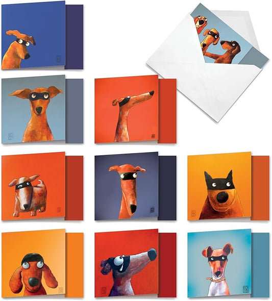 The Best Card Company - 10 Blank Dog Cards Assorted (4 x 5.12 Inch) - Adorable Boxed Animal Note Cards for All Occasions - Masked Hounds MQ4975OCB-B1x10