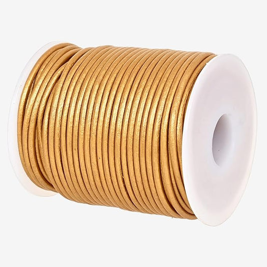 GENIQUE Real/Genuine Round Leather String Cord for Necklace, Bracelets, Jewelry, Kumihimo Braiding, DIY Projects (20 Metres) (2mm, Gold Metallic)