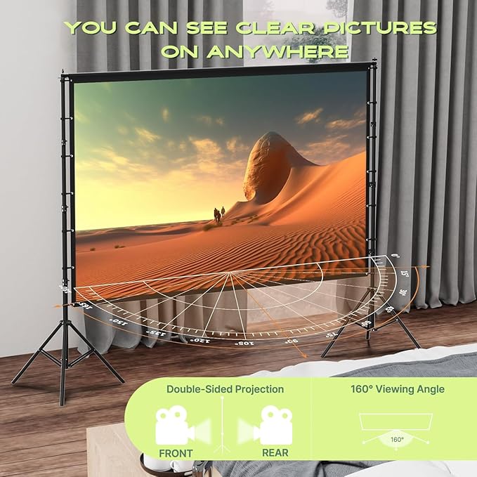 AAJK 150in Projector Screen with Stand,Portable 16:9 4K HD Indoor Outdoor Projection Screen with Wrinkle-Free Design, Ideal for Home Theater and Backyard Cinema – Includes Carry Bag