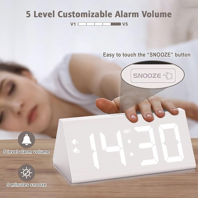 Wooden Digital Alarm Clock with Dual USB Charging Ports, DST, Dimmable, Snooze, Modern Large Time Display LED Clock for Kids Bedrooms, Living Room, Desk, Table, Bedside, Nightstand (White)