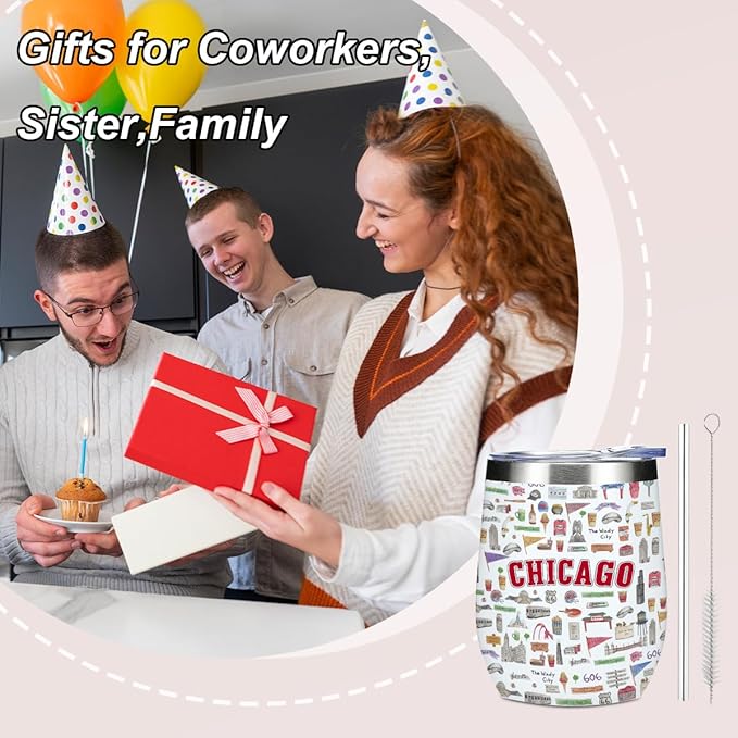 Chicago Gifts Travel Souvenir Wine Tumbler 12 oz Insulated Wine Glass Cup with Lid Straw Vacuum Insulated Cup,Travel Lover Gifts for Women Men Friend Sister Birthday Christmas Appreciation