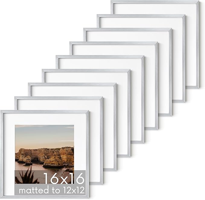 HAUS AND HUES 16x16 Silver Metal Picture Frames Matted to 12x12 - Premium Aluminum with Hanging Hardware, Shatterproof Plexiglass - Ideal for Home or Office (16x16 in, Silver, Set of 9)