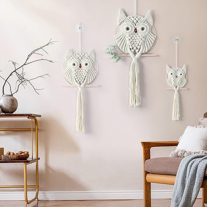 MVSUTA Owl Ivory Cotton Handmade Macrame Wall Hanging Tapestry Home Decor Art Cream Craft Wonderful Decoration Woven Beige Boho Ornament for Office Bedroom Apartment Living Nursery Gallery,3pcs