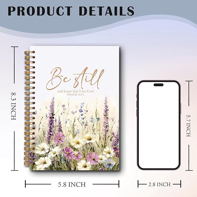 Wildflower Christian Spiral Notebooks, Be Still and Know That I Am God Bible Journal, Psalm 46:10 Scripture Journals for Writing, Religious Notebook for Note Taking, 5.5x8.3 Inch