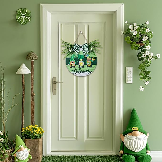 St Patricks Day Decorations: Irish Decor for Front Door Green Welcome Sign Gnomes Wall Hanging Saint Patrick's Day Wreath